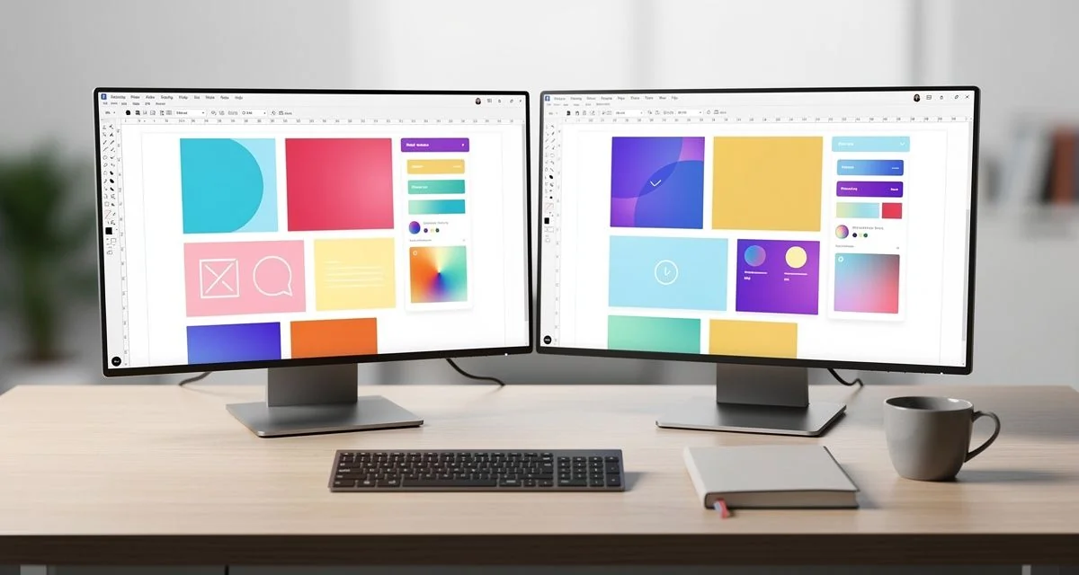 Designer workspace with two monitors showing a website layout in progress