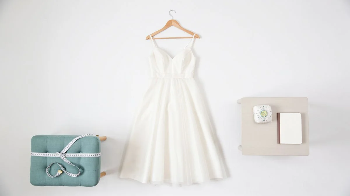 Ivory wedding dress on a hanger beside a measuring tape and pincushion in a fitting room