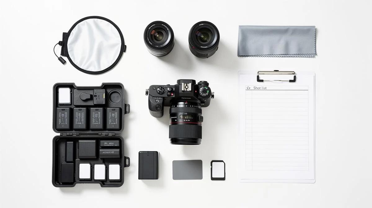Overhead flat lay of a wedding photographer's camera, lenses, batteries and a printed shot list