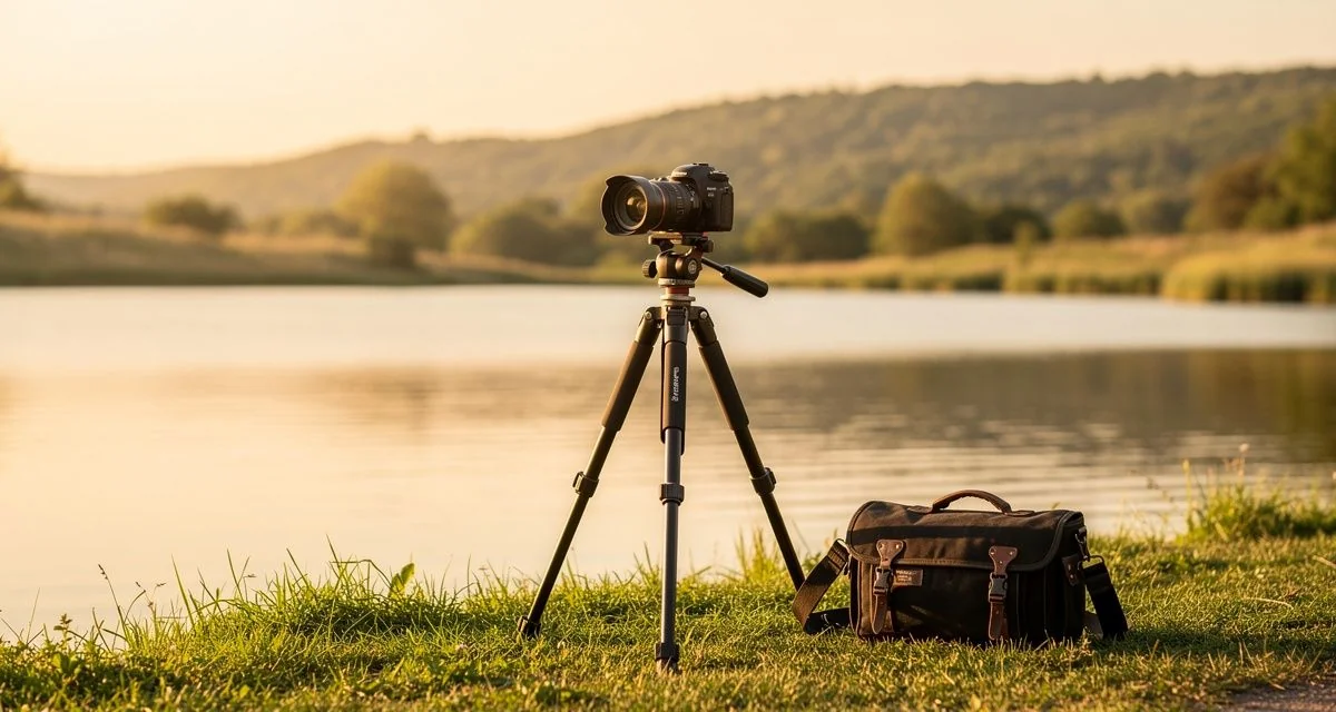 Camera on a tripod beside a harbour inlet with hills across the water