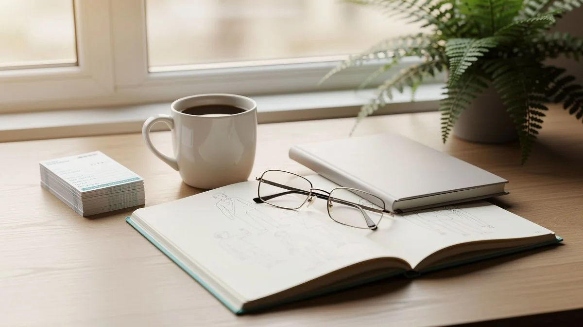 Desk with deposit slips, coffee mug, notebook and reading glasses in morning light
