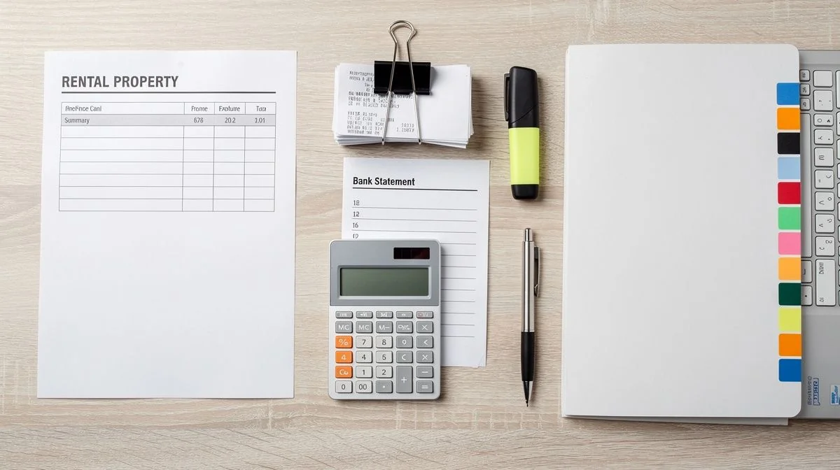 Overhead flat lay of personal tax paperwork with receipts, a bank statement, calculator and a tabbed folder