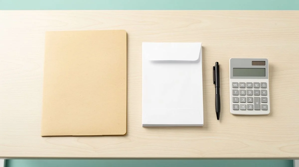 A desk with a folder, envelopes and a calculator ready for review
