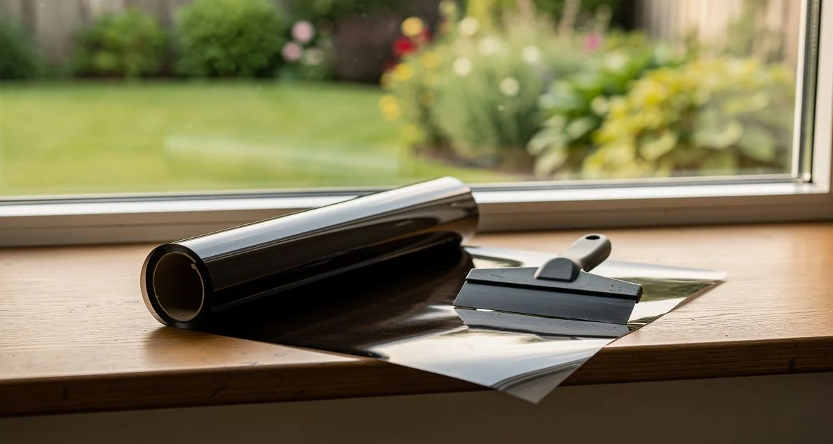 Roll of window tint film and a squeegee resting on the sill of a large pane overlooking a garden in an Auckland home