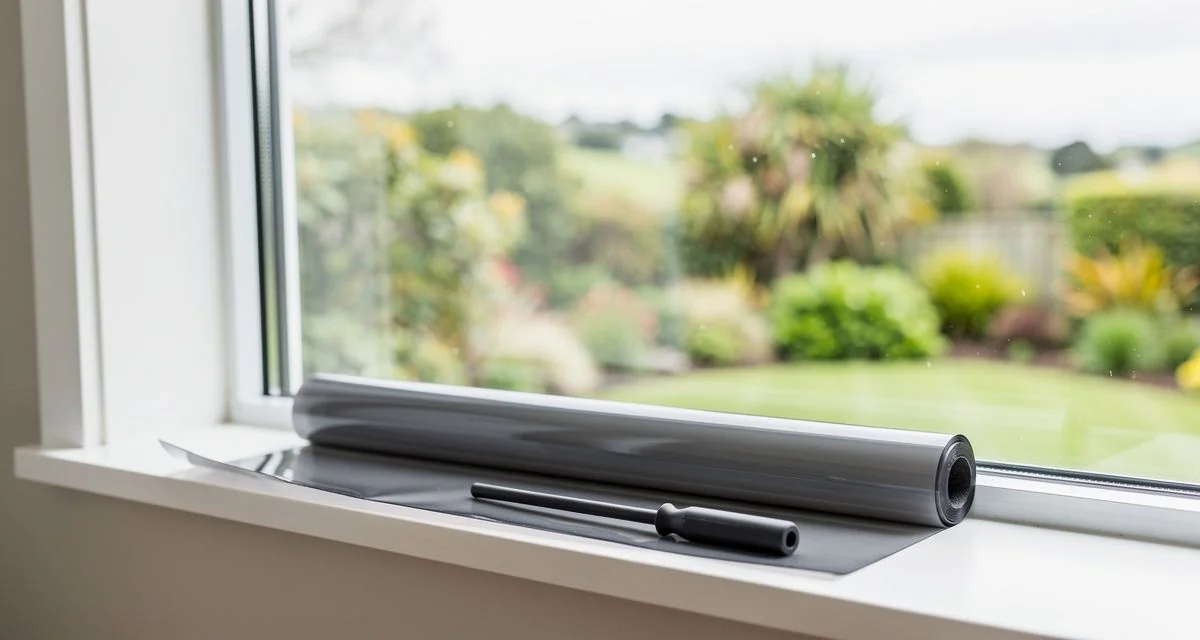 Roll of window tint film and a squeegee on the sill of a large glass pane in a Christchurch home