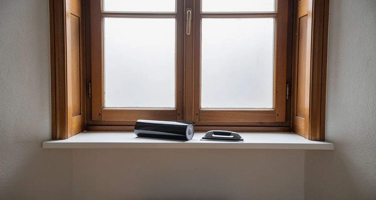 Window tint film and a squeegee on the sill of a timber-framed bay window in an older Dunedin villa