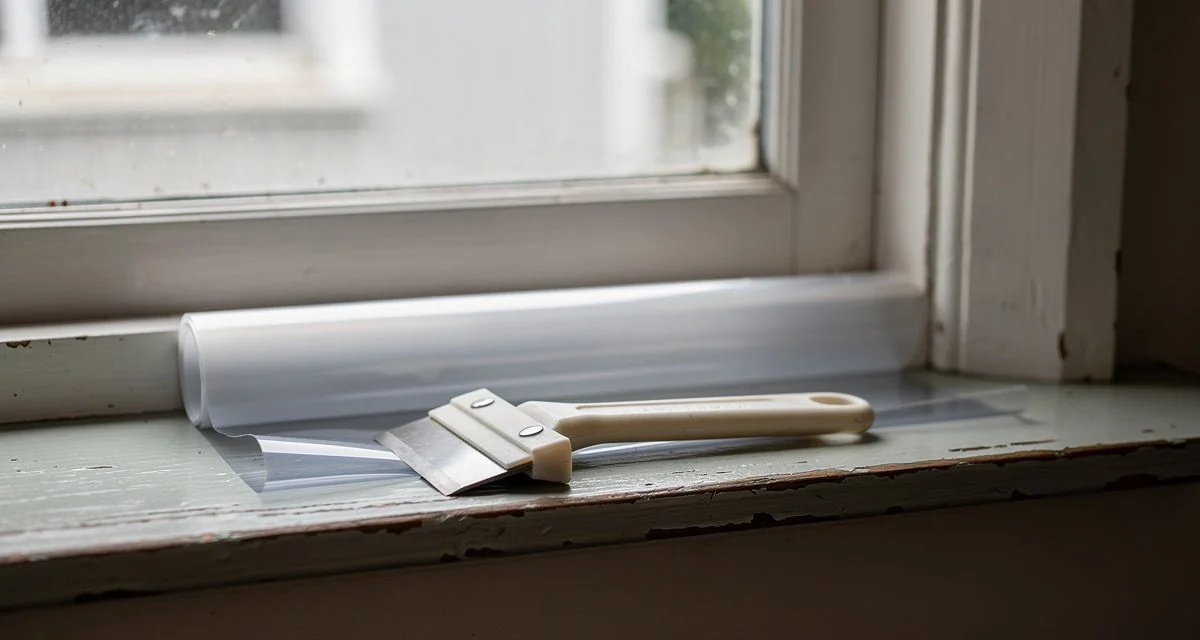 Roll of window tint film and a squeegee on the sill of a single-pane window in an Invercargill home