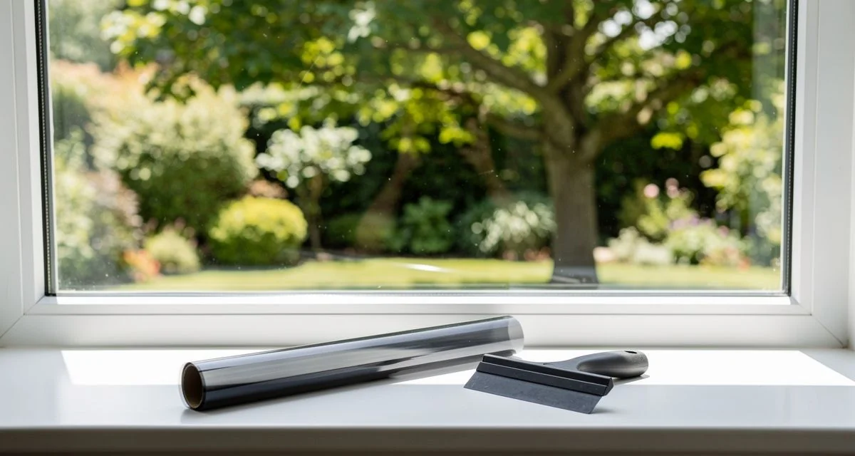 Window tint film and a squeegee on the sill of a wide single-pane window in a Napier home