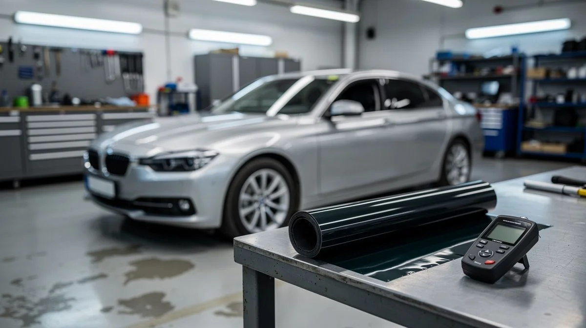 Car parked in a workshop bay with a roll of window film and a light meter on the bench beside it